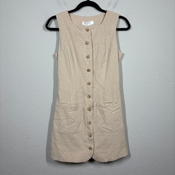 Commense Size XS Button Front Shirt Dress Tan Cotton Tie Waist Pockets Tie Back - Picture 2 of 9